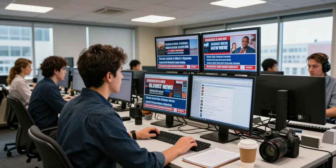Newsroom activity showcasing https://www.theindaily.com with journalists covering breaking stories.