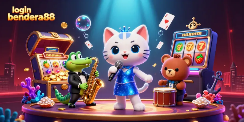 Login bendera88 untuk bermain slot kasino dengan meriah dalam ilustrasi seni digital 3D.