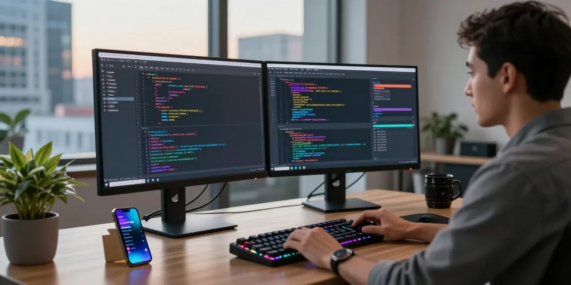 KoboldAI developer coding in a modern workspace with vibrant UI elements, showcasing innovation in tech conversations.