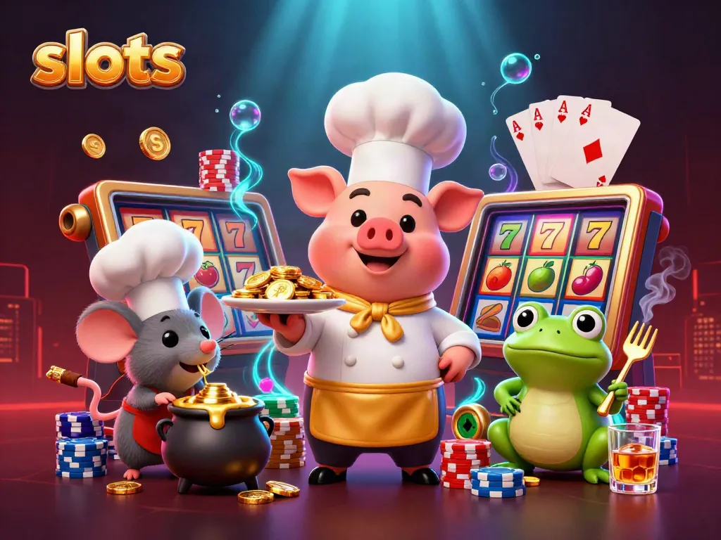 Chef pig serving gold coins amidst vibrant slot reels in a lively casino scene.