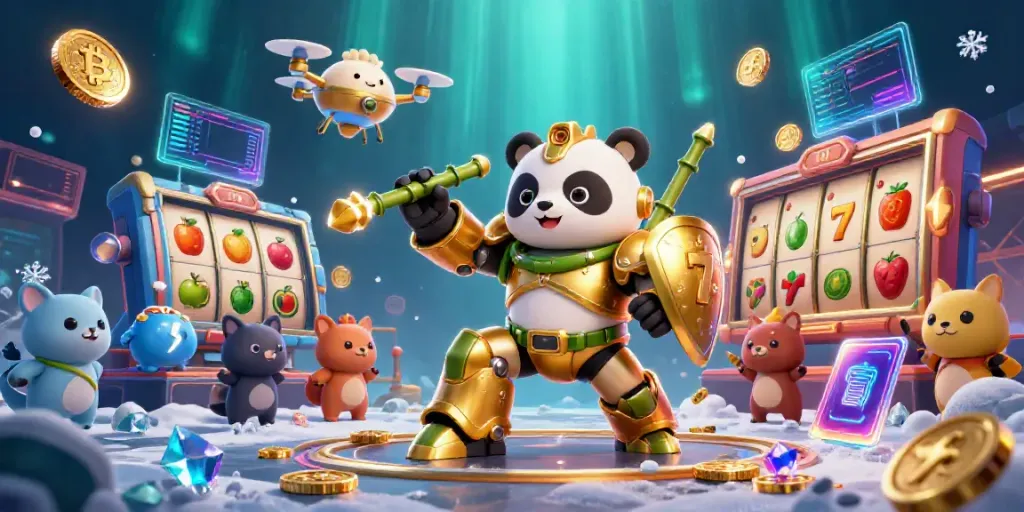 Exciting slots gameplay featuring a mech-suit panda and vibrant reels showcasing jackpots.