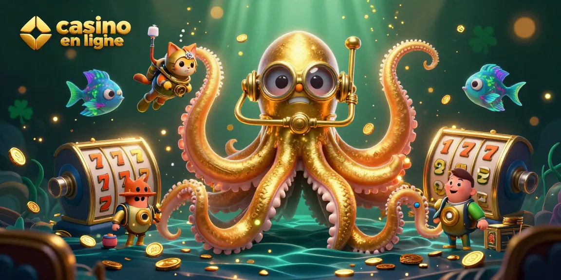 Casino en ligne : illustrations captivantes d'un kraken doré et d'un chat plongeur dans un océan de jeux.