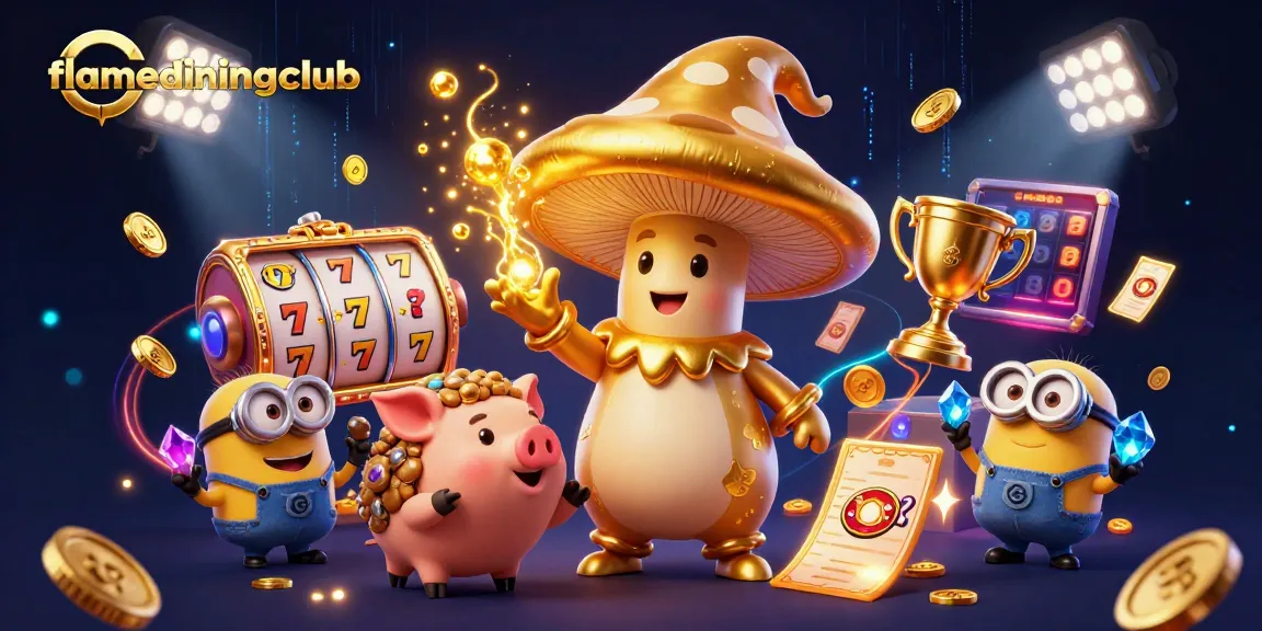flamediningclub showcases a vibrant 3D gambling scene with slot elements and magical characters.