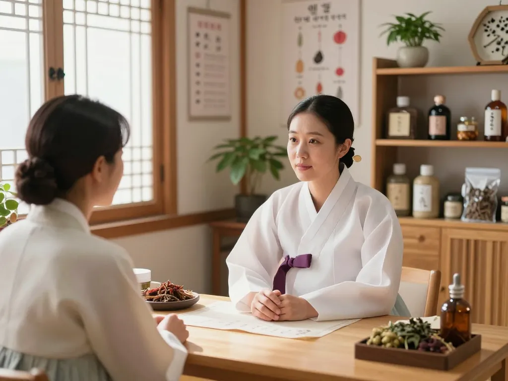 Consultation at 수원한의원 with a caring practitioner discussing holistic health options in a tranquil clinic.