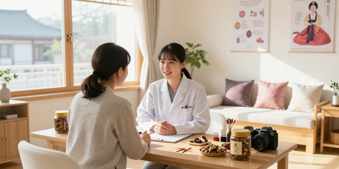 Consultation at 영통한의원 showcasing traditional Korean medicine in a warm, inviting clinic environment.