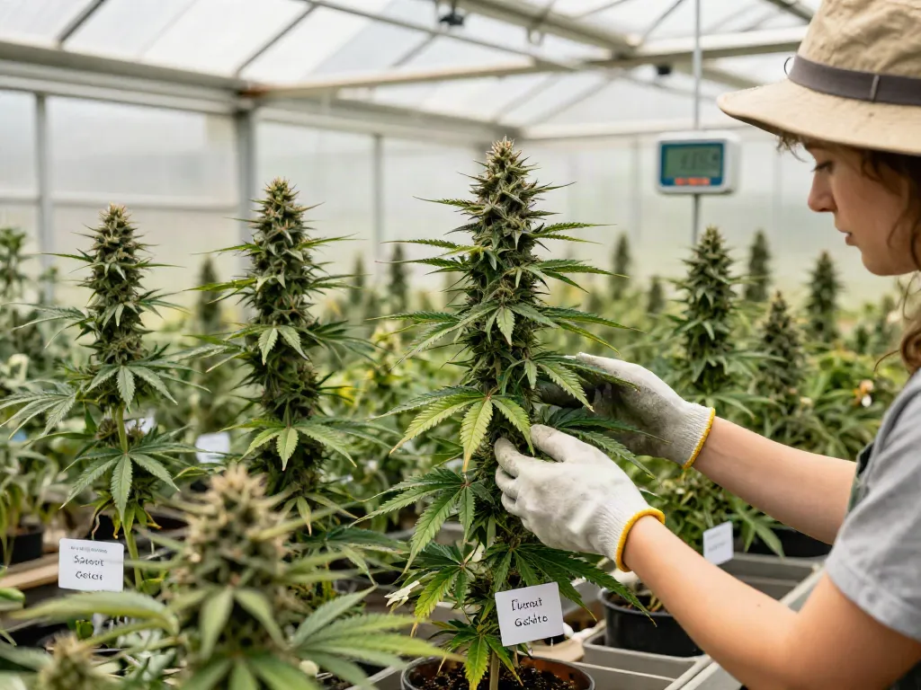 Grower inspecting healthy triploid cannabis seeds in a greenhouse, showcasing vibrant plants.
