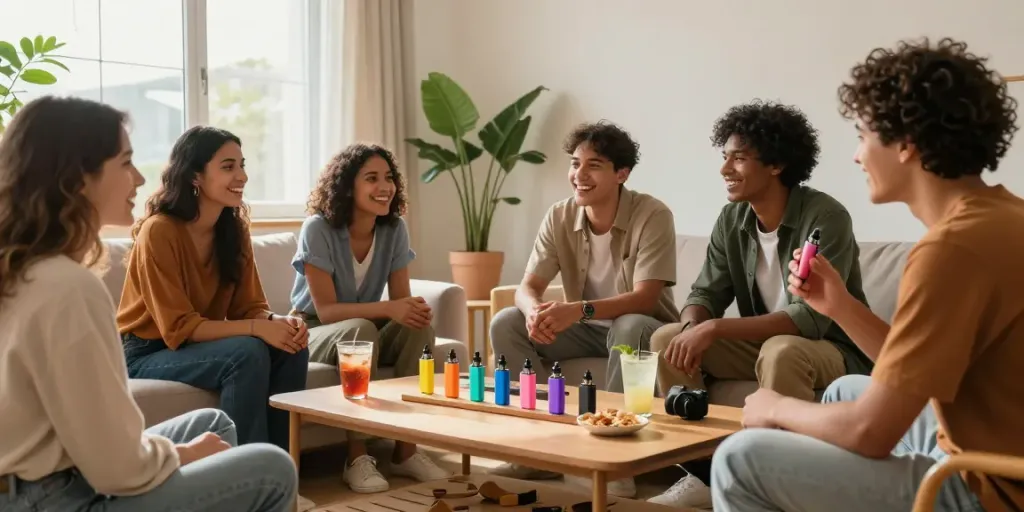 Gathering of friends sharing cheap disposable vapes and CBD products in a cozy living room setting, emphasizing a natural wellness lifestyle.