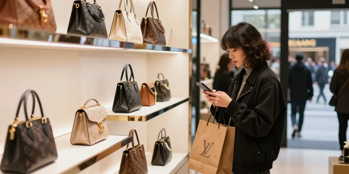 Shopping for luxury replica bags at a modern 레플리카 쇼핑몰 in a vibrant urban setting