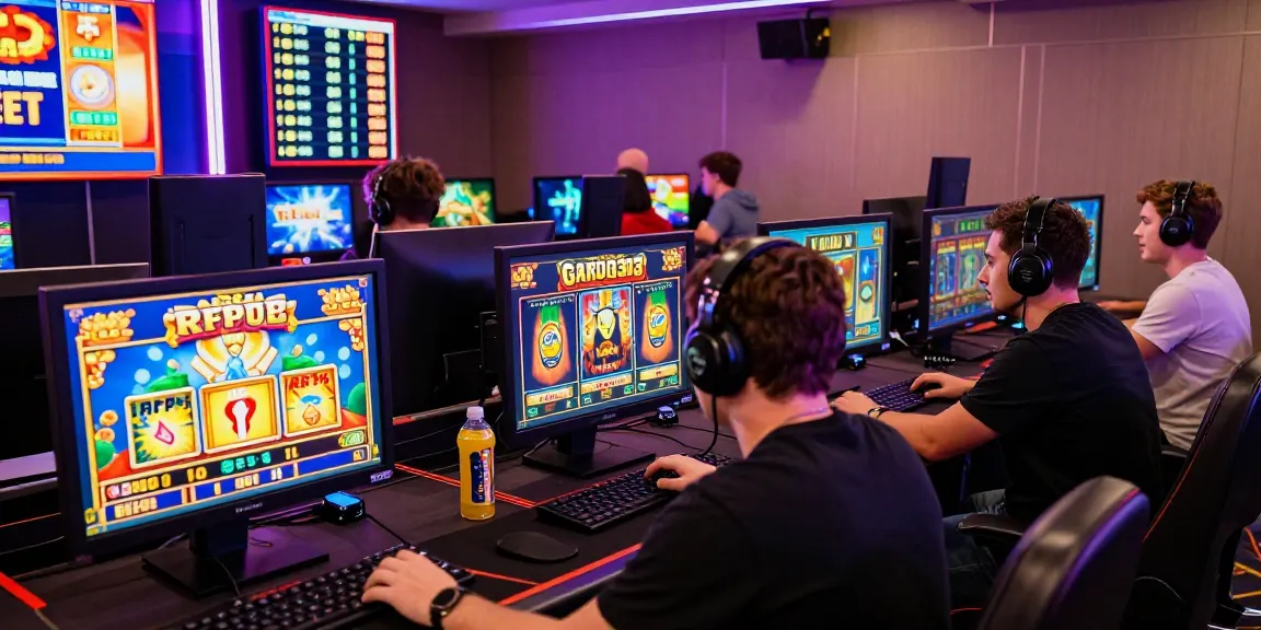 Garuda303 login scene showing excited gamers in an online casino with colorful game graphics and energy drinks.