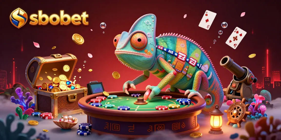 Experience sbobet with a vibrant chameleon casino owner amidst a dazzling underwater treasure scene.