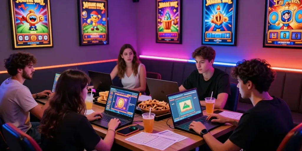 Luxury12 gaming scene with friends enjoying online slots and vibrant decor.