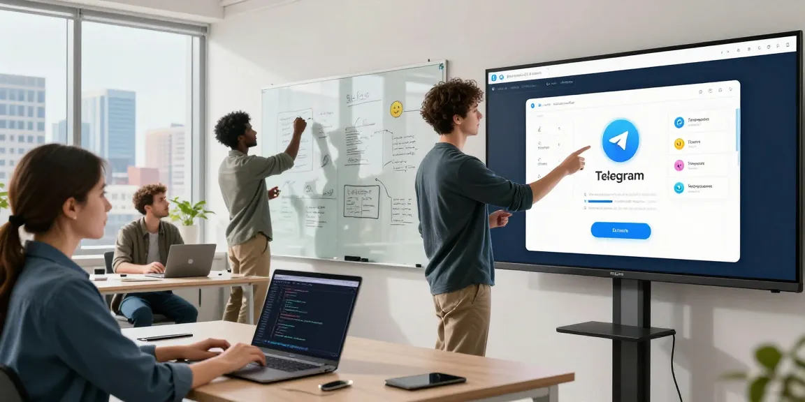 Collaborative tech workspace showing developers reviewing telegram中文版下载 features and coding in a modern office.
