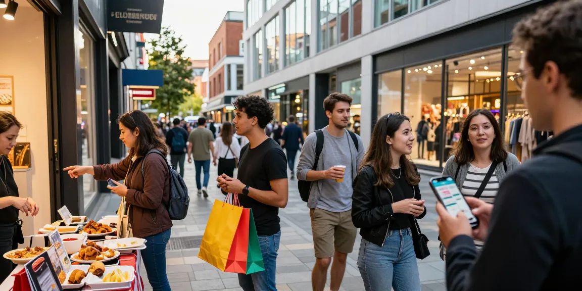 Shoppers engaged in vibrant local commerce at https://forumup.org/shop/search.php?ca_id=&addr1=&addr2=&addr3=&schKeyword= with colorful bags and a shopping guide.