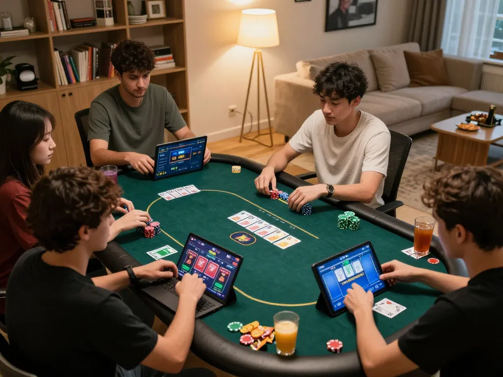 Engaged players enjoying dewa slot games online from home, showcasing dynamic poker action and inviting atmosphere.