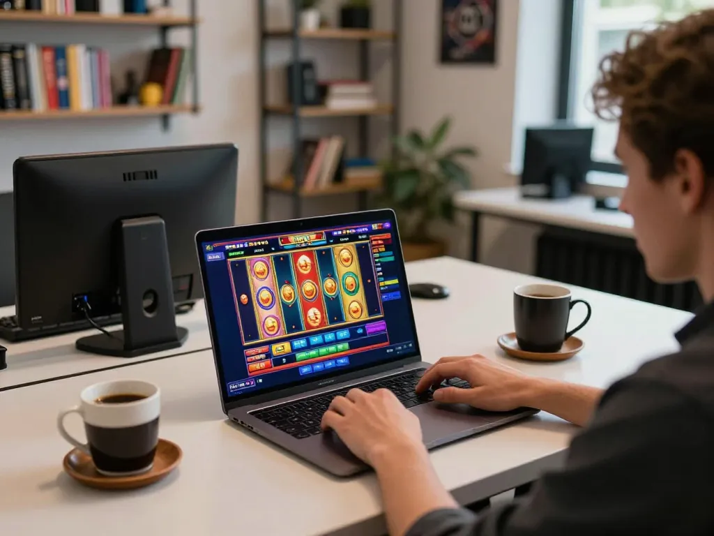 Person engaging in online gameplay at home with gtatoto slot game displayed on laptop screen, emphasizing strategic gambling.