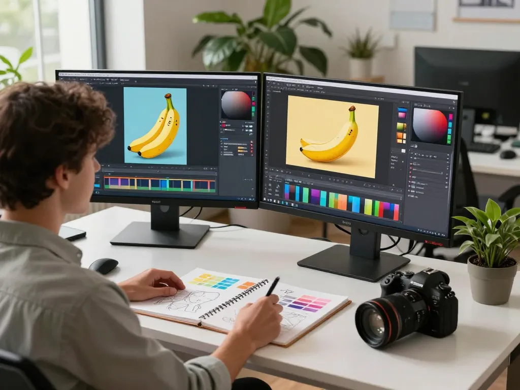 Graphic designer using nano banana AI image editor in a modern workspace.