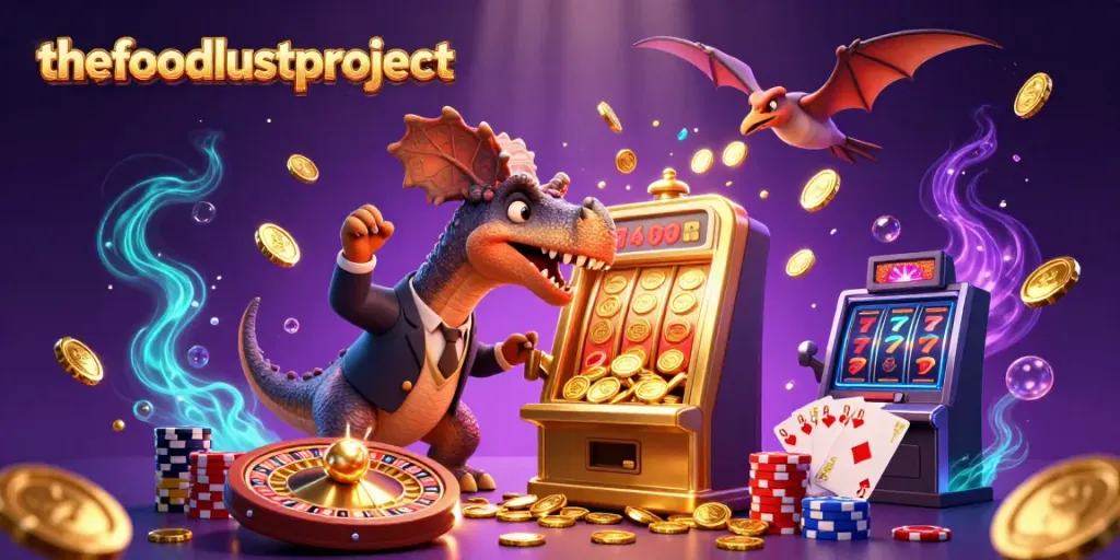 Gambaran kreatif di thefoodlustproject dengan dinosaur bermain mesin jackpot.