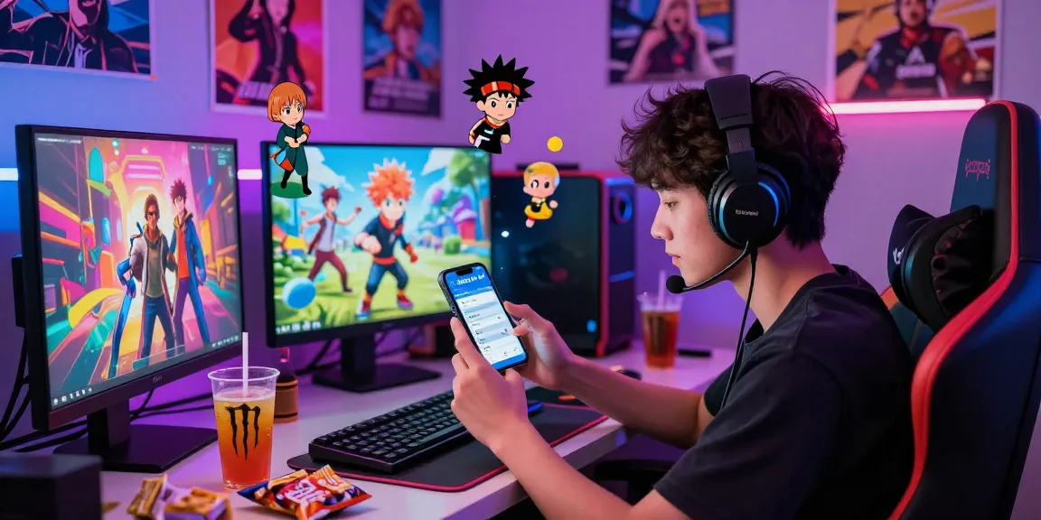 A young player engaging with the Status game app amidst vibrant fandom characters and gaming memorabilia.