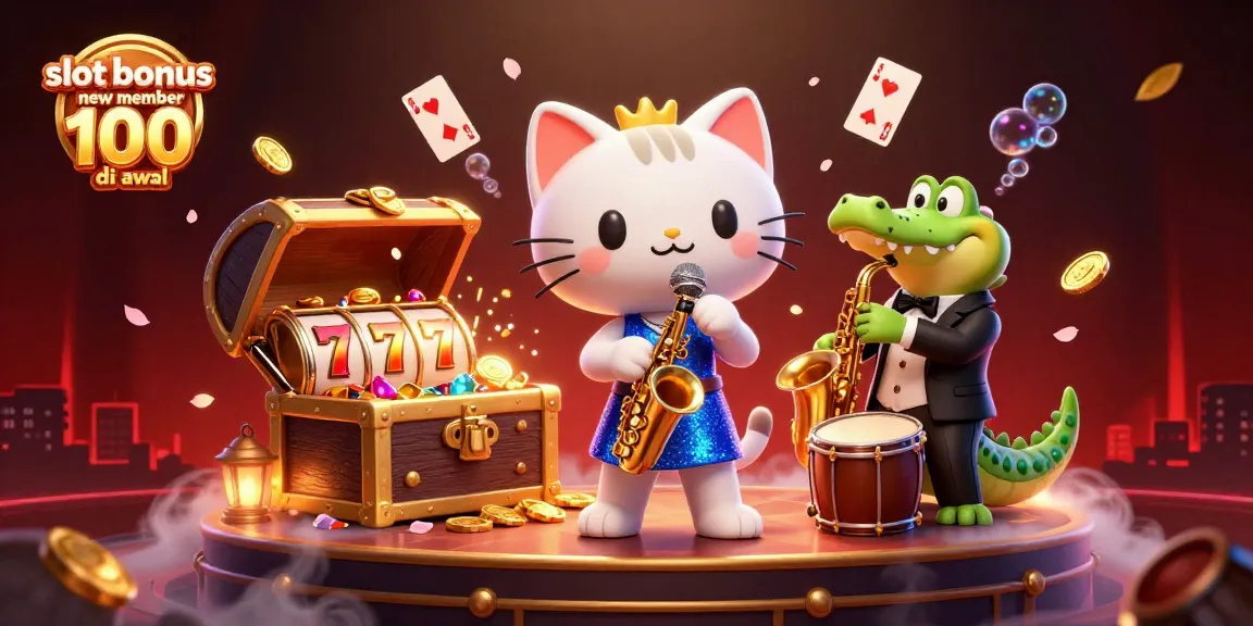 Win big with slot bonus new member 100 di awal at a vibrant casino scene filled with engaging characters.