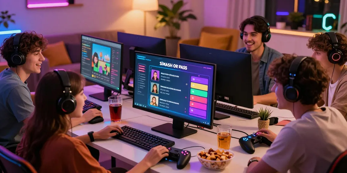 Friends enjoying the smash or pass ai game on a computer in a lively gaming setup.