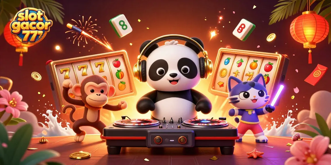 Menangkan slot gacor 777 dengan DJ panda dan teman-teman dalam ilustrasi kasino yang meriah.