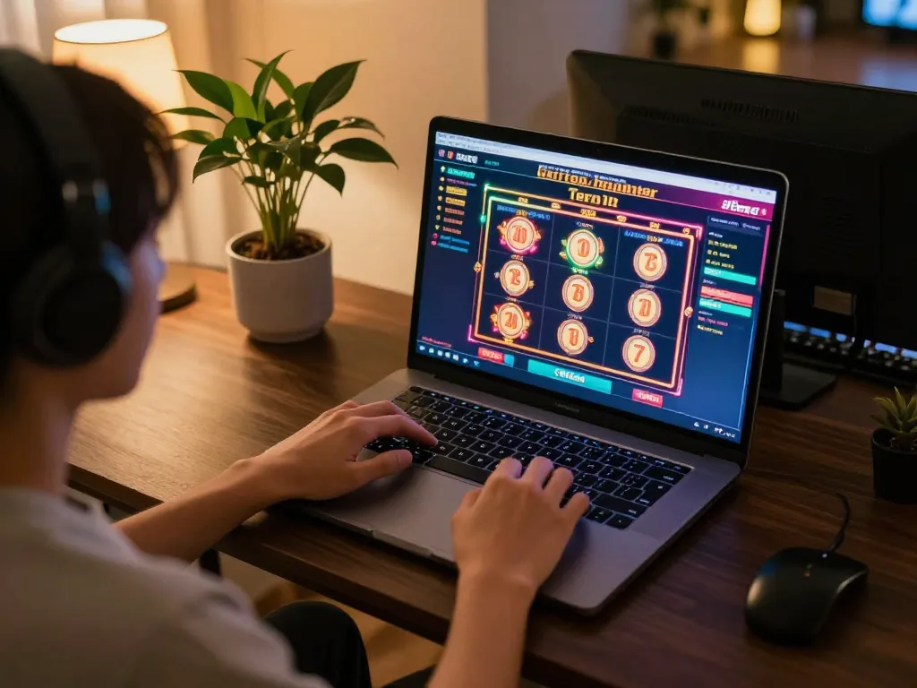 Engaging scene of a player using trang chủ rr88 on laptop for thrilling online gambling experience
