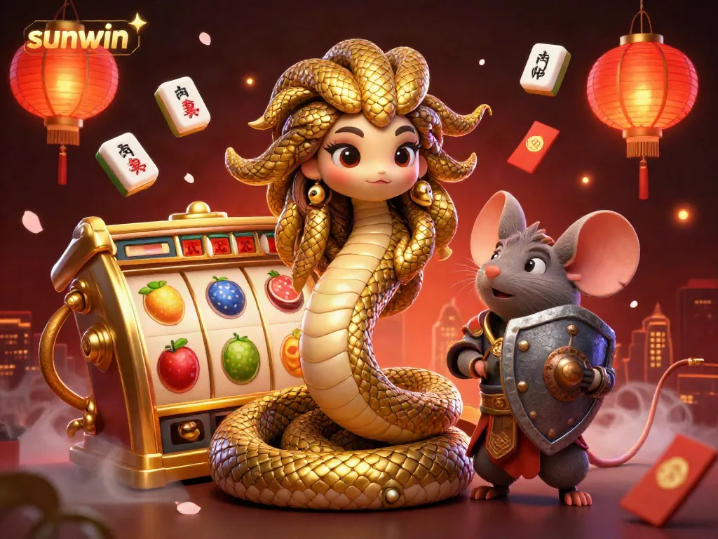Experience the excitement of sunwin's vibrant casino atmosphere with Medusa and a warrior mouse, highlighting slots and jackpots.