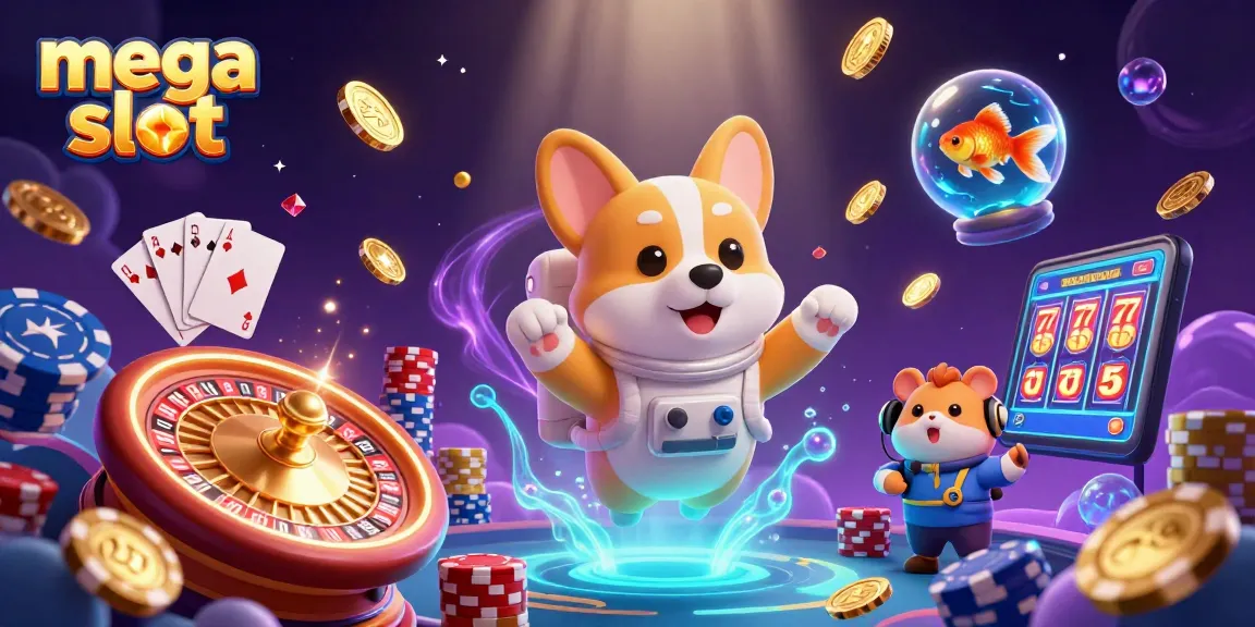 Mega slot menampilkan permainan slot dengan koin emas dan ikan emas mengawasi, dalam suasana kasino luar angkasa.