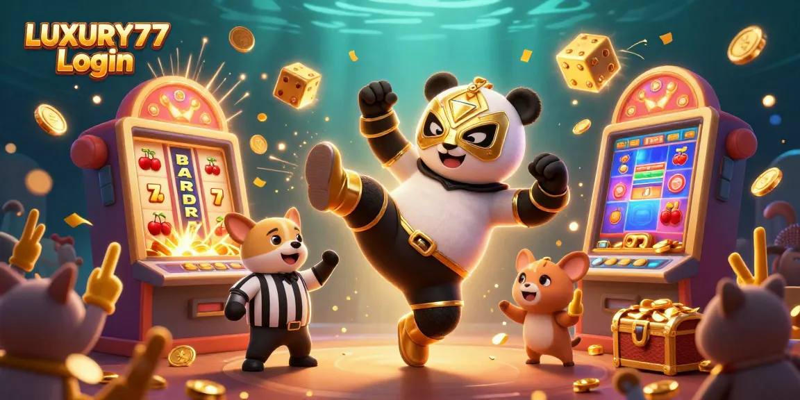Mengakses LUXURY777 Login dengan panda pegulat 3D dan mesin slot besar penuh koin emas.
