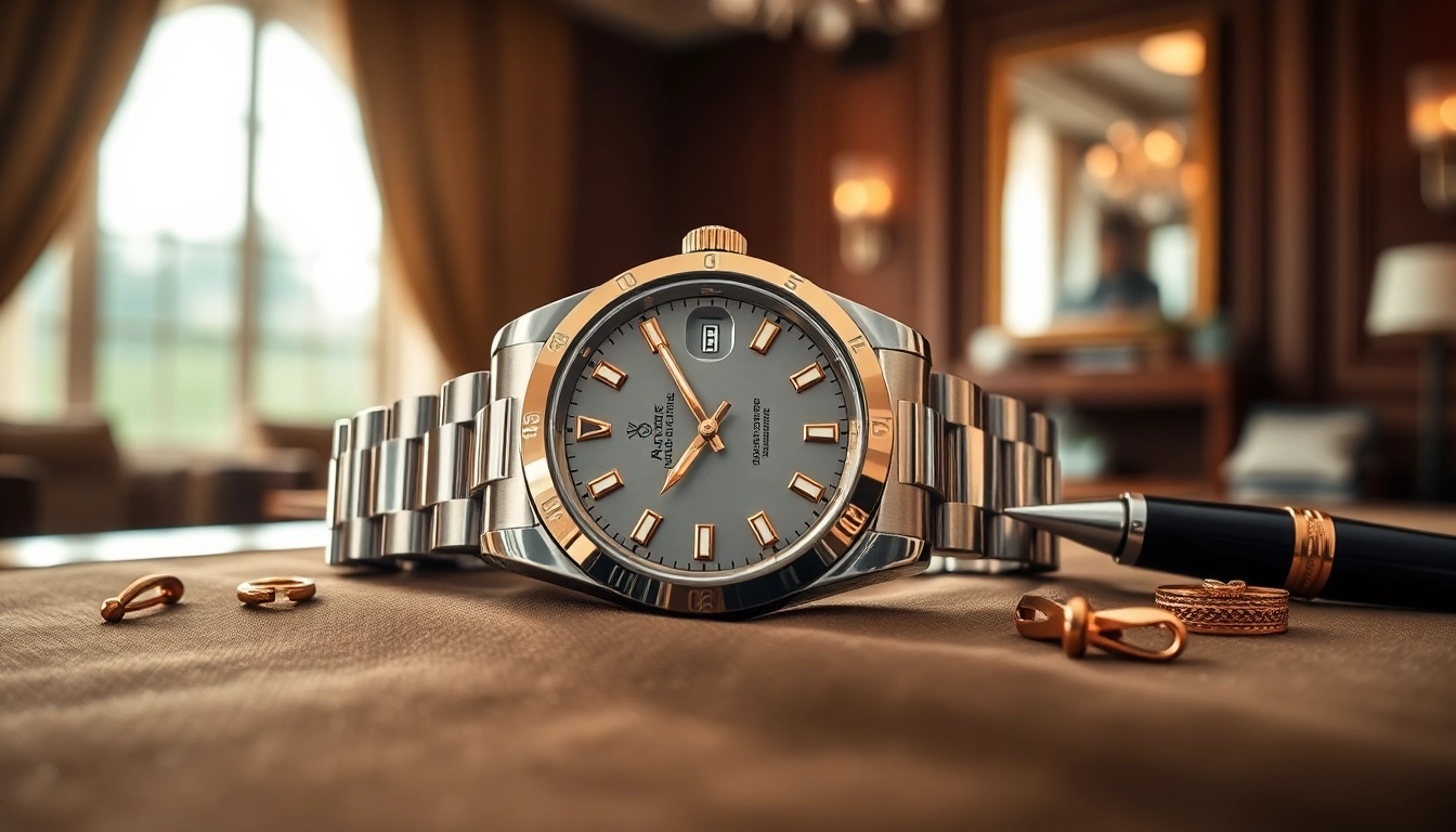 Showcasing a detailed rolex replica positioned on luxurious fabric, accentuated by elegant decor.