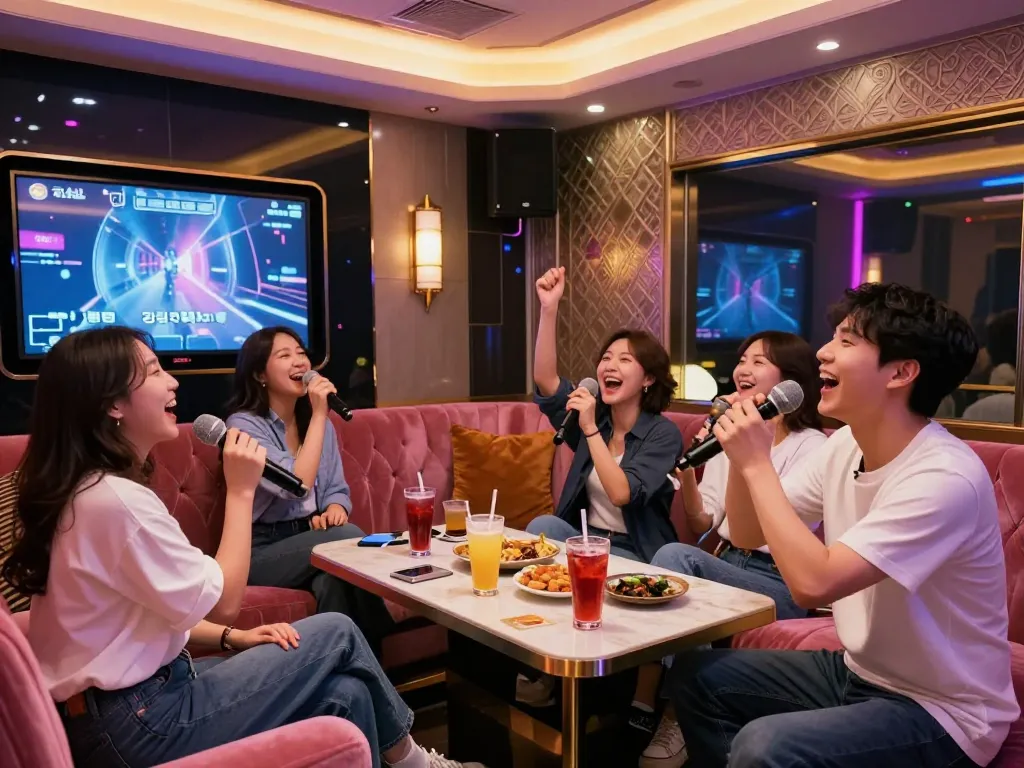 Enjoying a fun night at 강남 가라오케 with friends in a vibrant private karaoke room.