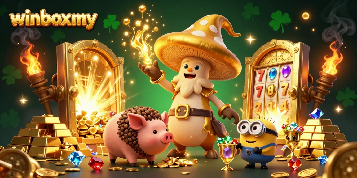 Experience rich casino treasures with winboxmy in this vibrant 3D illustration.