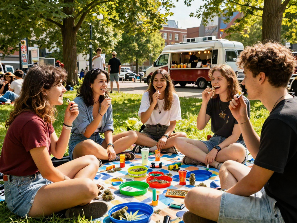 Celebrating Weed Hamburg in a vibrant outdoor park with friends enjoying cannabis products.