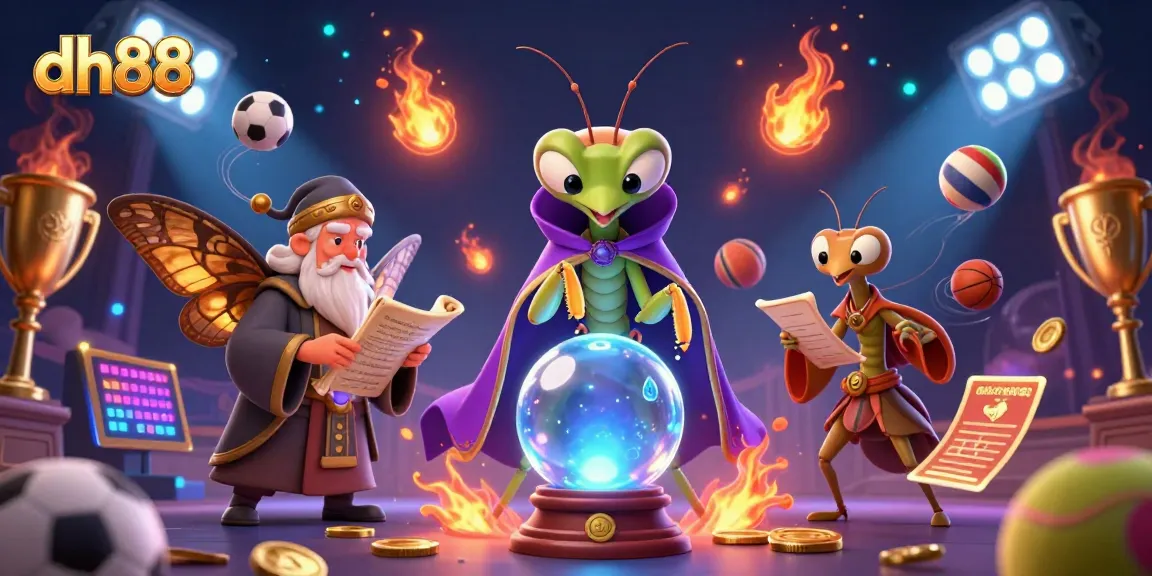 Engage with thrilling betting opportunities at dh88, showcasing lively sports balls and unique fortune-telling characters.
