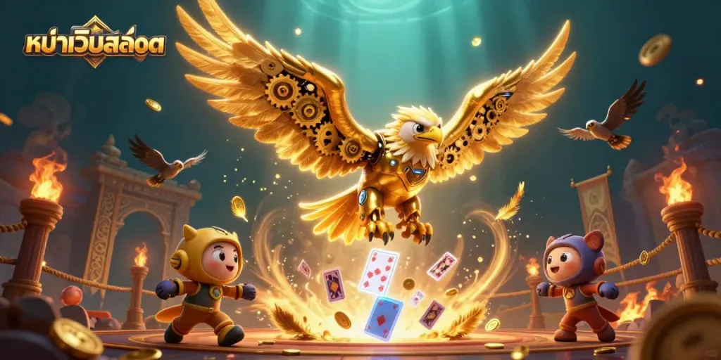 Experience thrilling slots action on หน้าเว็บสล็อต with a vibrant scene of a cybernetic eagle amidst dynamic casino elements.