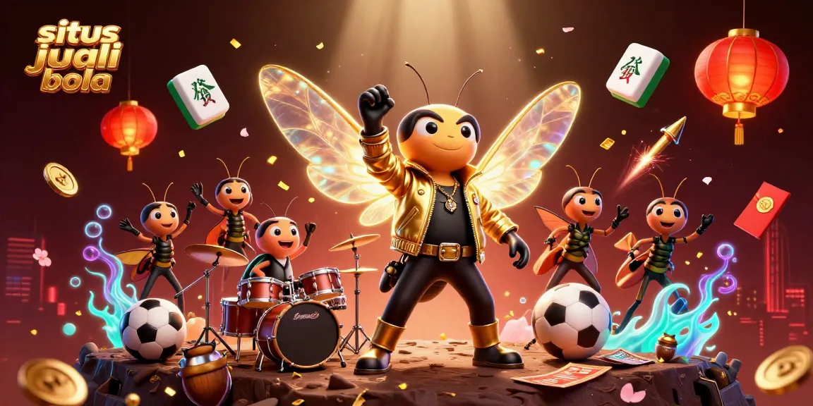 Experience situs judi bola with a vibrant 3D rendering of colorful sports elements and rock star characters.