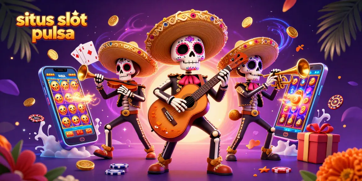 Experience the excitement of situs slot pulsa with vibrant gaming elements and a lively mariachi band illustration.