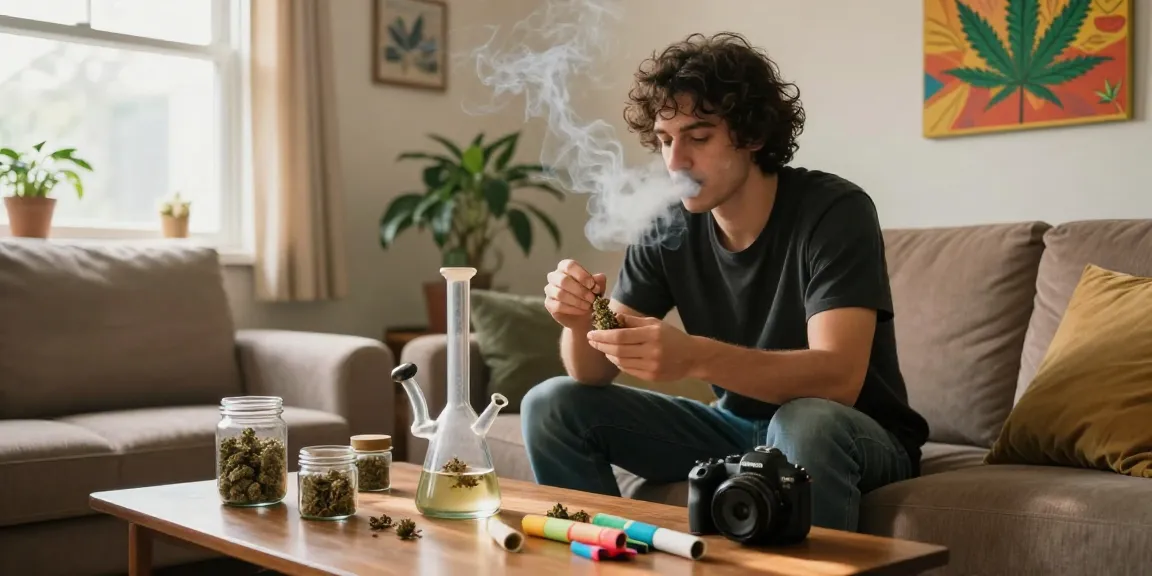 Relaxed individual packing a bong with weed shake in cozy living room