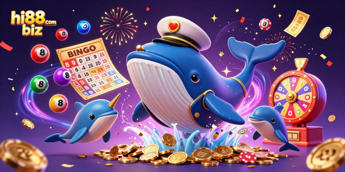Engaging 3D scene illustrating hi88com biz with a whale, narwhal, and dolphins among casino elements for an exciting gaming experience.