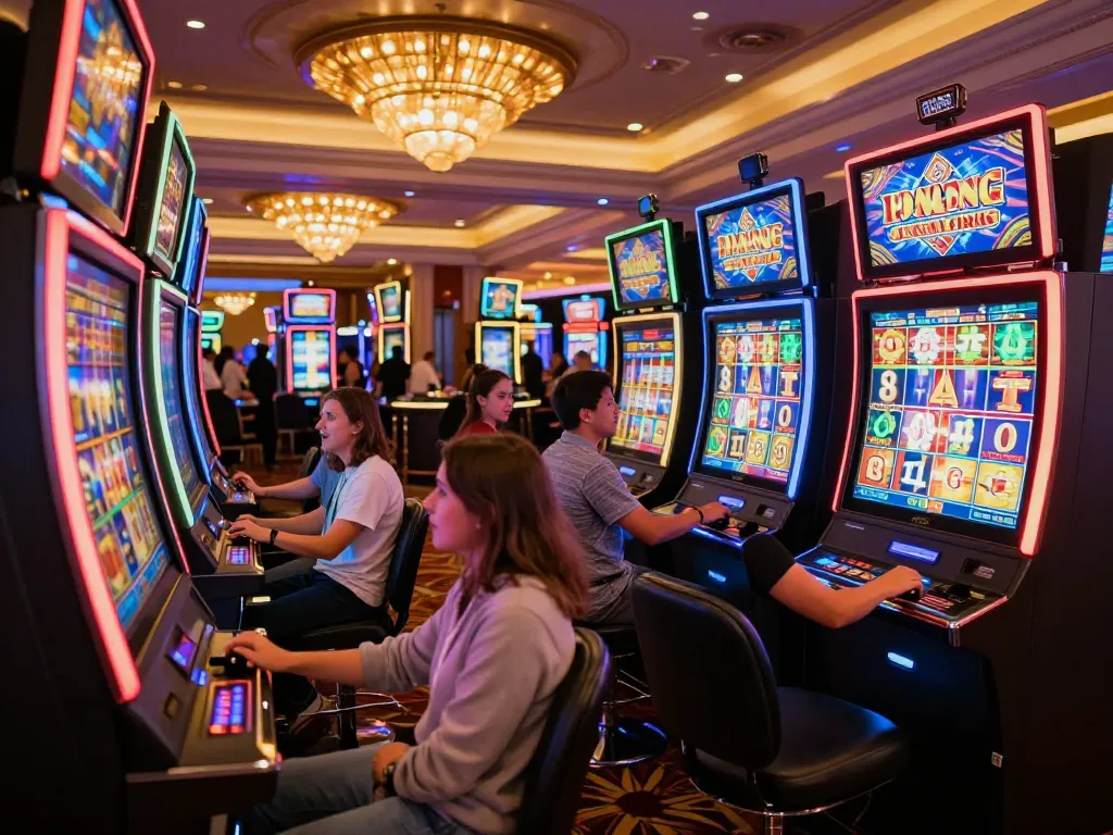 Players engaging with vibrant slot gacor machines in an upscale casino atmosphere.