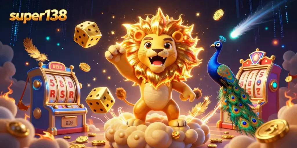 Experience thrilling wins with super138 as golden dice and a roaring lion come alive in a vibrant casino scene.