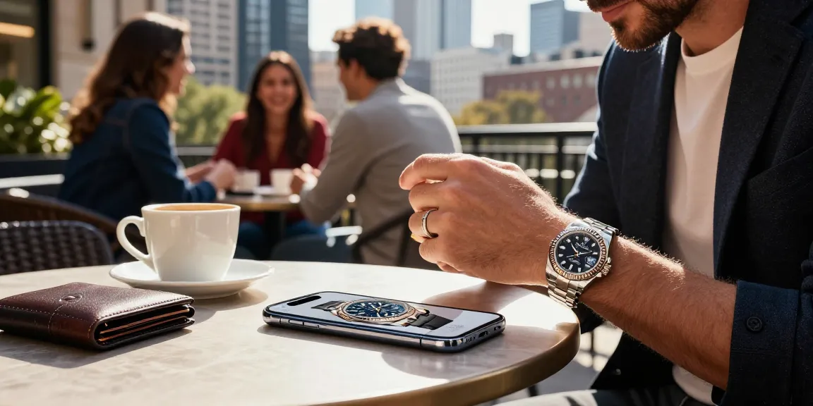 Man admiring a rolex replica watch at a trendy cafe, showcasing luxury and style.