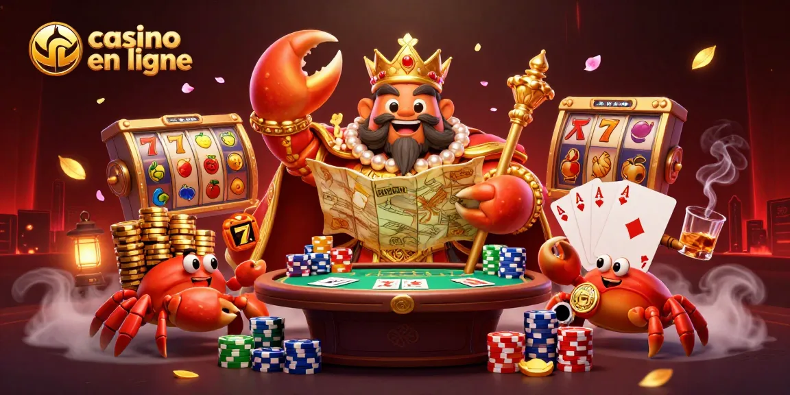 Jouer au casino en ligne avec un empereur crabe doré entouré de serviteurs et de jetons d'or.