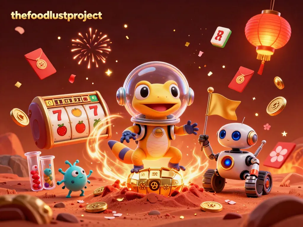 Visualisasi kreatif WSLOT888 dengan gecko luar angkasa beraksi di kasino emas.