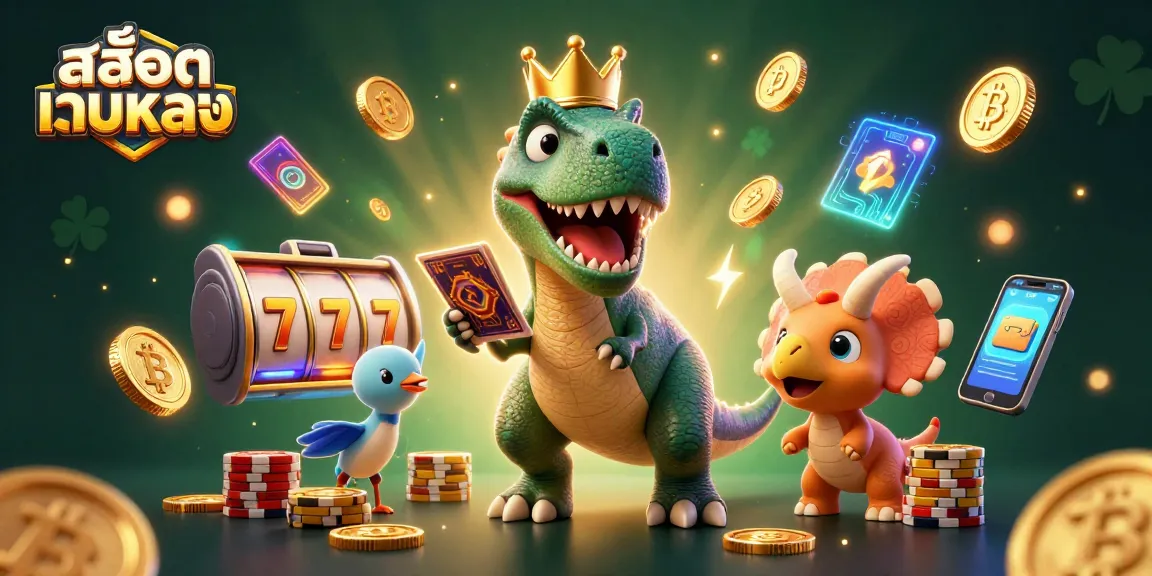 Engage with สล็อตเว็บตรง through a dynamic 3D scene featuring a T-Rex and friends playing card games and stacking chips.