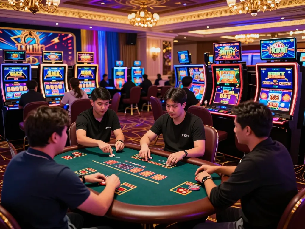 Exciting scene of players at nổ hũ hubet88 online casino, showcasing vibrant gaming atmosphere with poker and slot machines.