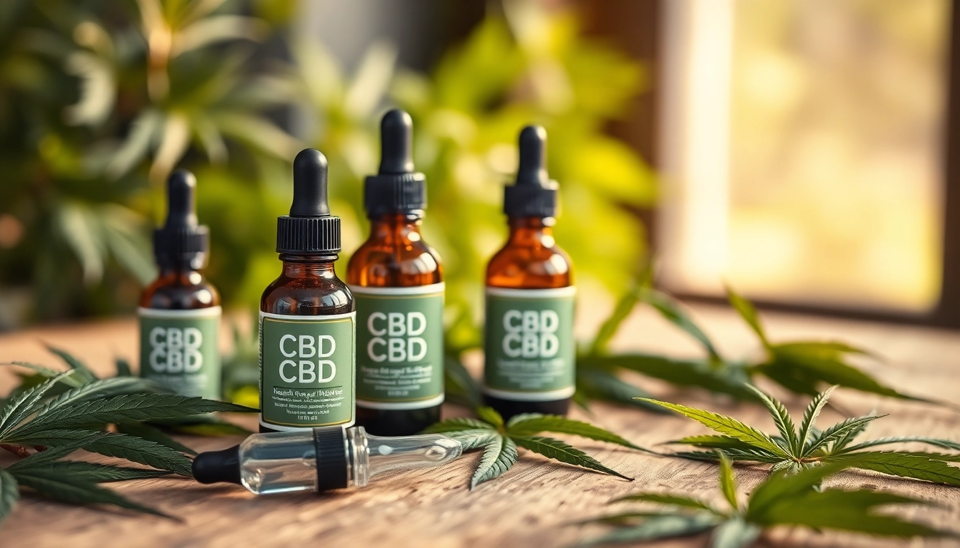 Showcasing CBD oil bottles amid fresh hemp leaves on a wooden table.