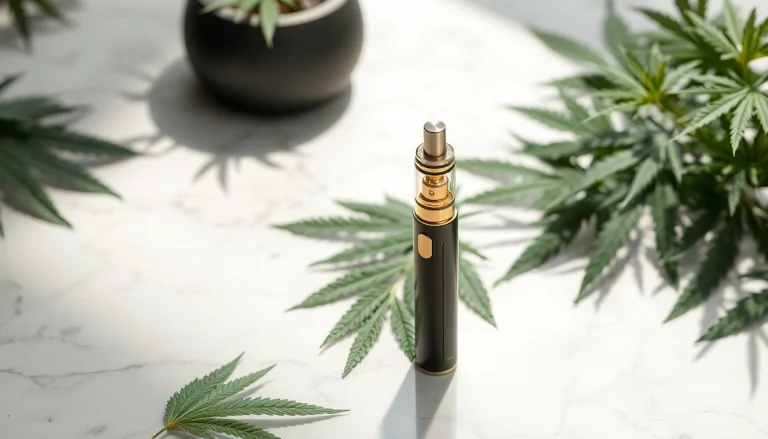Showcasing a premium cannabis vape pen with lush cannabis leaves for a sophisticated vape experience