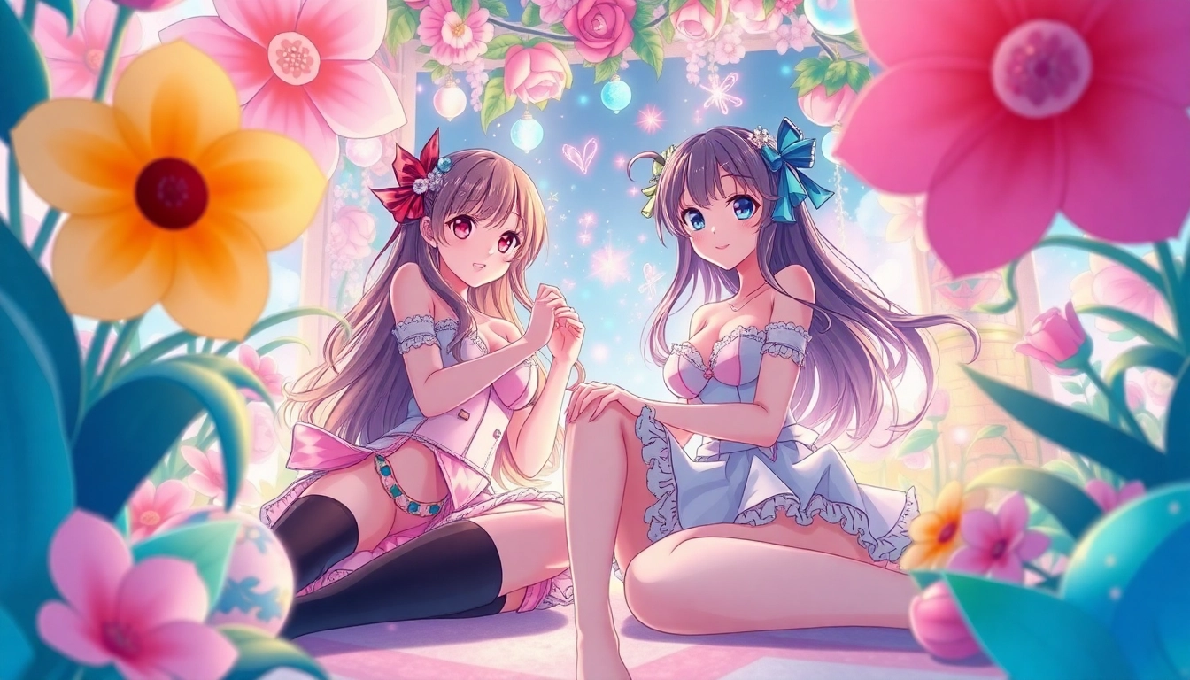 Anime sex scene with playful characters in a vibrant, fantasy setting