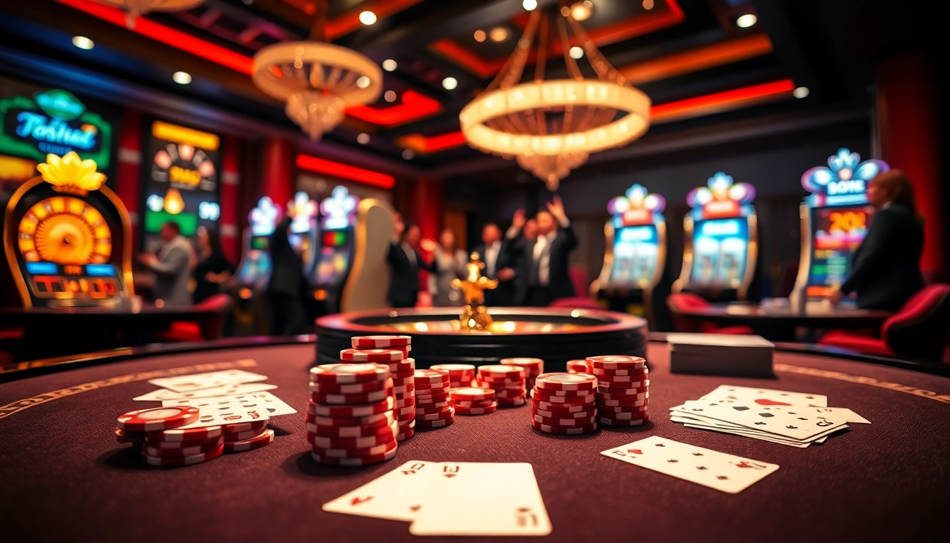 Players engaging in high-stakes poker at a luxury casino table inspired by https://rr88co.net/ with vibrant roulette and slot machines.